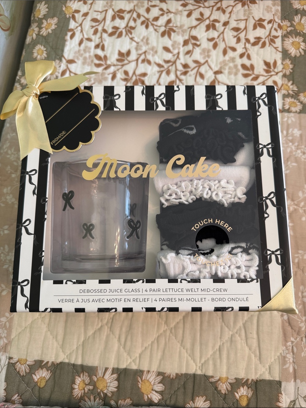 Moon Cake Unopened Gift Box with Cute Drinking Glass and Black & White Socks